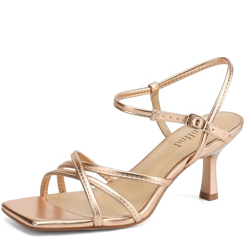 AIUNIIND Kitten Heels for Women Square Open Toe Heeled Sandals Strappy Ankle Strap Shoes for Dress Party Prom Low Heel 2.5 inch Champagne Size 8