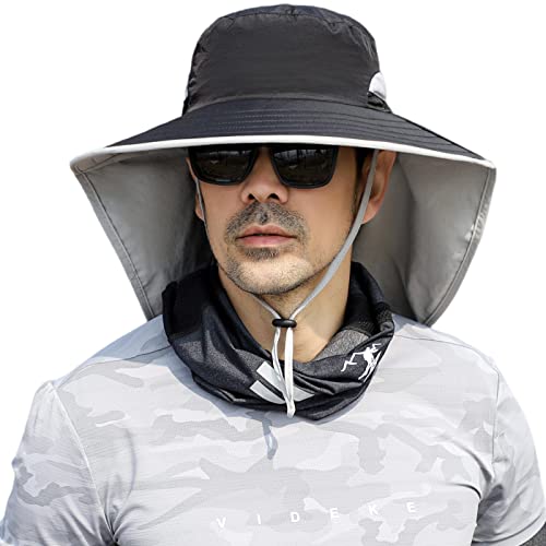 HUAMULAN Women Large Brim Sun Hat with Neck Flap, Men Quick Dry Hiking Fishing Safari Hat UPF 50+, Hyp011-black, One Size