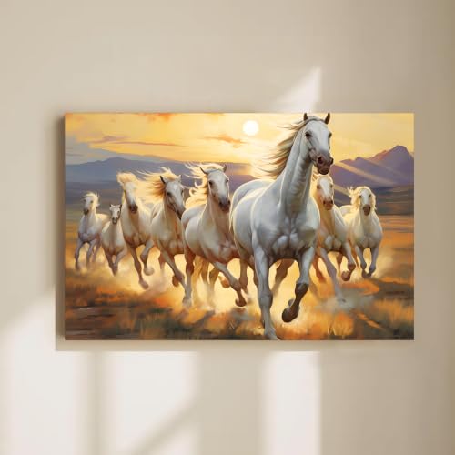 Image of PAINTINGMANTRA 7 White Running Horses Stretched Canvas Painting For Living Room, Vastu Abstract Stretched Canvas Wall Art Painting for Office & Home Decor, 22x34 Inch