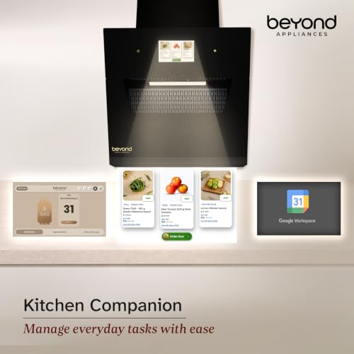 Image of Beyond Appliances Eris 60cm BLDC Kitchen Chimney | 1800 CMH Suction | Auto Clean | Filterless | Smart Touchscreen Display | Touch Control | Slant | Black