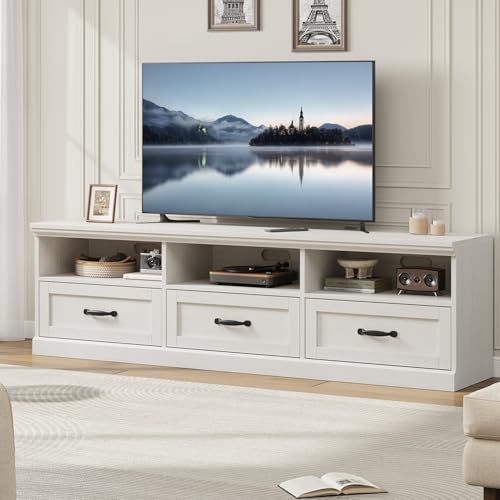 Garvee 70 Inch Mid-Century Modern TV Stand for 65/70/75 in TV, Entertainment Center with 3 Storage Drawers & Open Shelves, Media Cabinet for Living Room Bedroom, Antique White