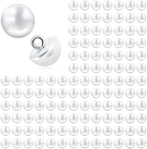 120 pcs 10mm Pearl Buttons, Hole White Plastic Pearl Bead Decorative Buttons for Wedding Dress, Skirts, Gloves, Sweaters, Shirts, Hats, Scarves, Headbands Crafts (White)