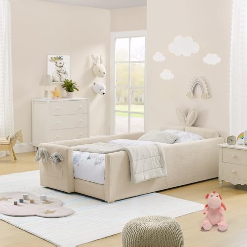 Image of Twin Size Kids Bed with Rabbit Ear Headboard, Upholstered Boucle Fabric Twin Daybed with Slats Support & Side Pockets, Space-Saving Wooden Corner Sofa Couch Bed Frame for Girls, Boys, Teenager(Camel)