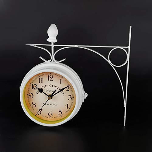 Aunmas Double Sided Wall Clock, Hanging Clock Antique Look Iron Mute Clock Outdoor Living Room Bracket Clock Desktop Home Decoration, White 8.6Inch #TOP6