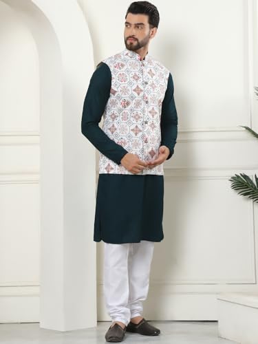 Sojanya (Since 1958 Men's Pure Cotton Brown Kurta And White Pyjama With Printed Cream Nehru Jacket