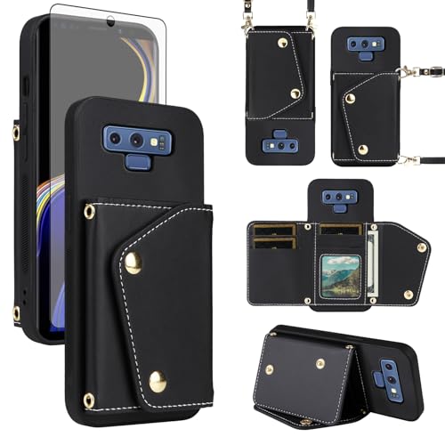 Image of ELISORLI Wallet Case for Samsung Galaxy Note 9 & Tempered Glass Screen Protector Slim Flip Purse Shoulder Strap, Luxury PU Leather Card Holder Stand Phone Cover for Note9 Not S9 Women Men Black