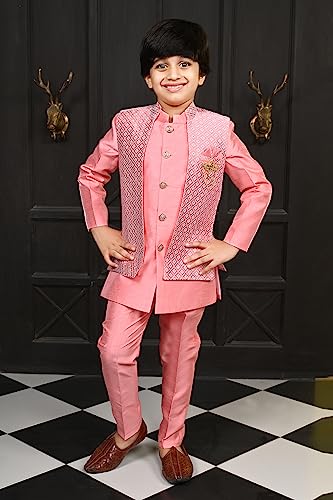Image of AHHAAAA Kids Ethnic Silk Blend Waistcoat Kurta Pyjama 3 Piece Sherwani Set For Boys |540|