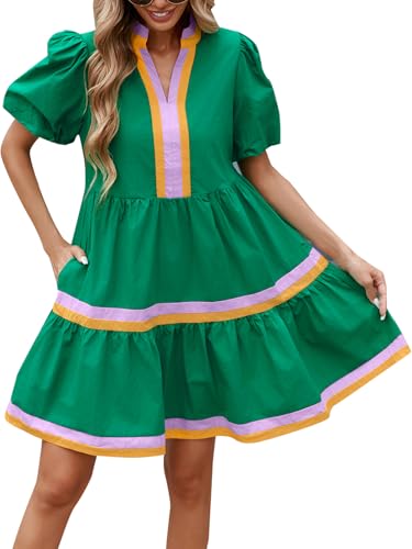 Image of LifeShe Womens Puff Sleeve Babydoll Dress V Neck Navy Blue Striped Color Block Tiered Mini Dresses