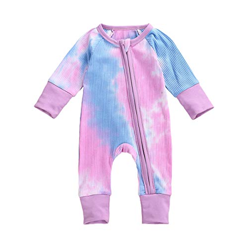 niceclould Newborn Infant Baby Girl Boy Tie Dye Zipper Romper Ribbed Knitted Long Sleeve Jumpsuit Fall Winter Clothes Outfits (A-Blue Pink, 3-6 Months)