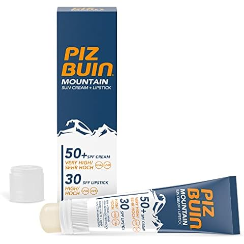 Piz Buin Mountain Sonnencreme und Lippenpflege mit LSF 50+, Sonnenschutz speziell fürs Skifahren und Wandern, gegen Wind und Kälte, 20ml und 2,3ml Cover