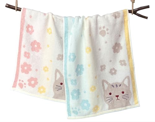 Kissvian 2 Pack Cute Cat Hand Towel Set Cartoon Animal Floral Pattern Decorative Home Bathroom Kitchen Towels Face Washcloths for Cat Lovers Kids