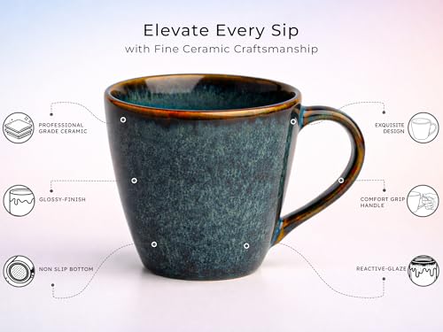 Image of Bodhi House Handcrafted Ceramic Coffee Mug Set of 4 Pieces (350 Ml), Stoneware Tea Cup, Microwave Safe Large Milk Mug, Glossy Finish, Ideal for Daily use, Casual Gatherings and Gifting, Greenish Blue
