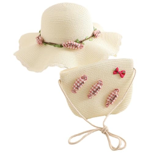 YCFAIIKG Cappello di Paglia e Brosa per Ragazze,Estivo Cappello da Sole Sacchetto Mini Set, Bambini Piccola Traspirante Decorato con Caramelle per Bambino Spiaggia attività All'aperto (Bianco Latte)