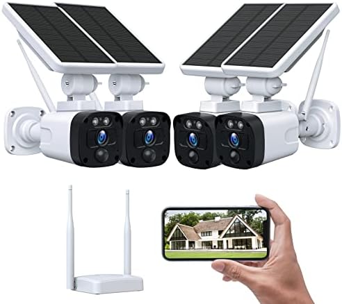 4MP Solar Security Camera Wireless Outdoor, Battery Powered Cameras System for Home Security with Base Station & 4 Cameras, Integrated Solar Panel, Forever Power, PIR Motion Detection, 2-Way Talk