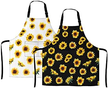 Qnyko 2 Piece Kitchen Sunflower Bib Aprons for Men and Women, Adjustable Neck Bands Waterproof Aprons with Pockets for Chef BBQ Painting