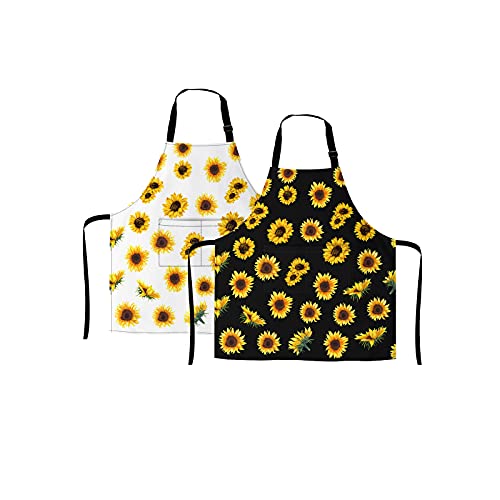 Qnyko 2 Piece Kitchen Sunflower Bib Aprons For Men And Women, Adjustable Neck Bands Waterproof Aprons With Pockets For Chef Bbq Painting #TOP3