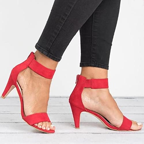 OKGD Mujeres Sandalias Sandalias Abrir Toe Summer Zapatos con Tacones Altos Zapatos Correa De Tobillo Femenino Tacón Fino Sandalias Zipper Plus Tamaño Sandalias-Red,36 EU