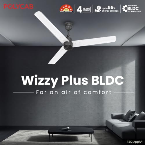 Image of Polycab Wizzy Plus 1200mm 5-Star BLDC, Remote Ceiling fan for Living Room| 55% Energy Saving, High Air Delivery | 3+1 yr Warranty【Matt White Black】