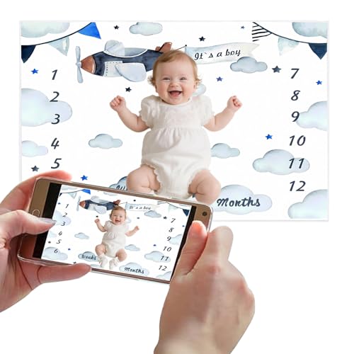 Image of Airplane Theme Baby Monthly Milestone Blanket for Boys, Soft Flannel Aircraft Pilot Cloud Stars Pattern Photography Prop Baby Shower Age Newborn Mom Gifts Nursery Decor (Blue, 60x40in)