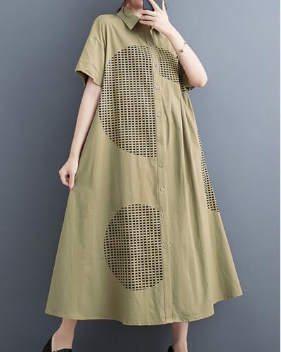 Image of ellazhu Women's Short Sleeves Button Down Patchwork Pattern Print Shirt Dress GZ151