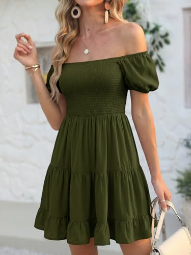Image of Veatzaer Women's Puff Sleeve Square Neck Smocked Babydoll Dress Boho Floral Print Off Shoulder Ruffle Mini Short Dress