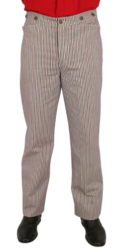 Historical Emporium Men's High Waist Fillmore Striped Cotton Trousers, Victorian Western Pants with Suspender Buttons