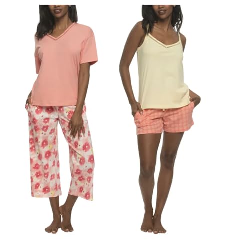 Image of Felina Women's 4 Piece Cotton PJ Sleep Set, Tee, Tank, Short, and Pant