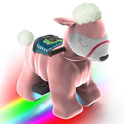 HOVER HEART Rechargeable 6V/7A Plush Animal Ride On Toy with Bottom LED Light for Kids (3~7 Years Old) with Safety Belt (Alpaca Llama)