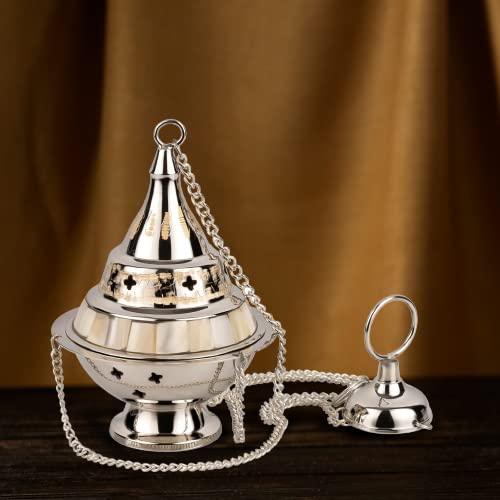 MaMeMi Bruciatore Incenso in Ottone Nichelato Argento – Altezza Regolabile 11 cm – Con Filtro e Tealight – Aromaterapia e Meditazione – Handmade