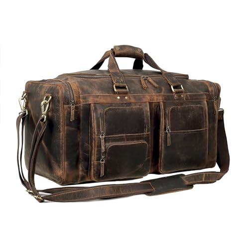 Large 24 inch duffel bags for men holdall leather travel Duffel bag overnight gym sports weekend Duffle bag (Dark Brown, 24" Large)