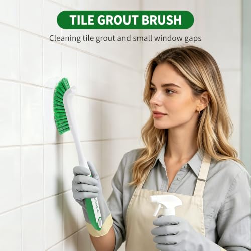 Image of Scrub Brush Set of 4 Pack, Heavy Duty Shower Cleaning Brush Set, Green | with Non-Slip Handle Scrubber Brush Ergonomic Design Cleaning Scrub Brush Set for Household Use, Shower, Floor, Tub, Kitchen
