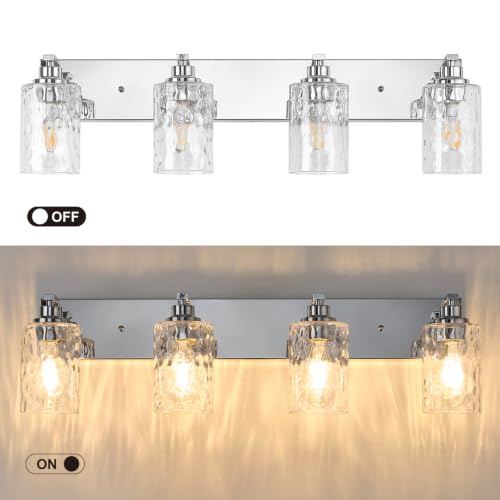 Image of 4-Light Bathroom Light Fixtures Modern Chrome Vanity Lights | Easy to Install Clear Hammered Glass Shades, Rippled Glow, Wall Mount Up or Down, E26 Socket, Hardwired, 120V