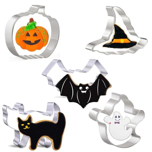 Wjelet 5 Pcs Ghost Cookie Cutter Set, Halloween Liner Cookie Cutter Stainless Ghost Pumpkin Cookies Cutters for Party Treat Sweet Cookie Decorations Making