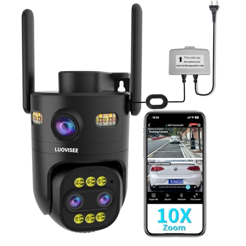 Triple-Lens Outdoor Security Camera Auto Zoom & Tracking,with 10X Hybrid Zoom,Wired 2.4G/5G WiFi Camera for Home Security,24/7 Continuous Recording,Plug-in Power,Work With NVR/DVR Surveillance System