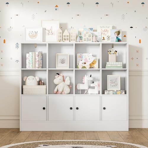 Image of DIYART White Bookshelf, Wood Bookcase with 3 Tier Shelves, 12 Cube Storage Organizer with Doors for Bedroom, Living Room, 47.8" W x 39.1" H
