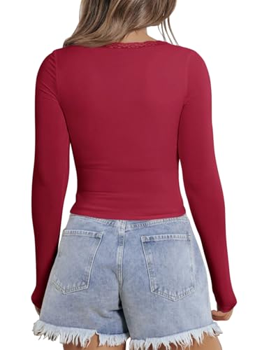 PINKMSTYLE Women's Fall Shirts Basic V Neck Long Sleeve Double Layering Tight Sexy Lace Teen Girls Tops Office Clothing Red Medium — view 5