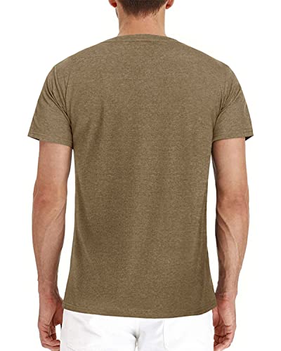Fashion Men's Henley Shirts Classic Short Sleeve Basic Button Cotton T-Shirt With Pocket Khaki #TOP1
