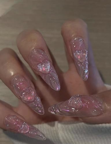 Aurora Pink Press on Nails, Almond Shape, 3D Heart Glitter