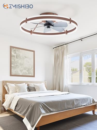 Image of ZMISHIBO 24 Inch Ceiling Fans with Lights and Remote, Modern Low Profile Ceiling Fan, 3000-6000K Dimmable Flush Mount LED Fan Light, 6 Wind Speeds, Fandelier Ceiling Fans for Bedroom- Brown