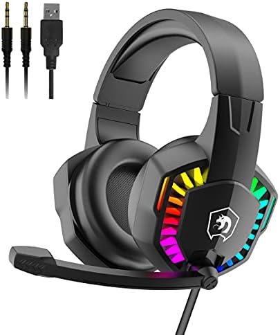 AJAZZ PC Headset, Gaming Headphones with Mic, Usb Gaming Headset Ps4, Backlit LED Headset 3D Surround Sound Noise Canceling Mic, RGB Wired Deep Bass Headset, for PS5, Laptop, Nintendo Switch (Black)