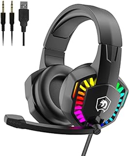AJAZZ PC Headset, Gaming Headphones with Mic, Usb Gaming Headset Ps4, Backlit LED Headset 3D Surround Sound Noise Canceling Mic, RGB Wired Deep Bass Headset, for PS5, Laptop, Nintendo Switch (Black)