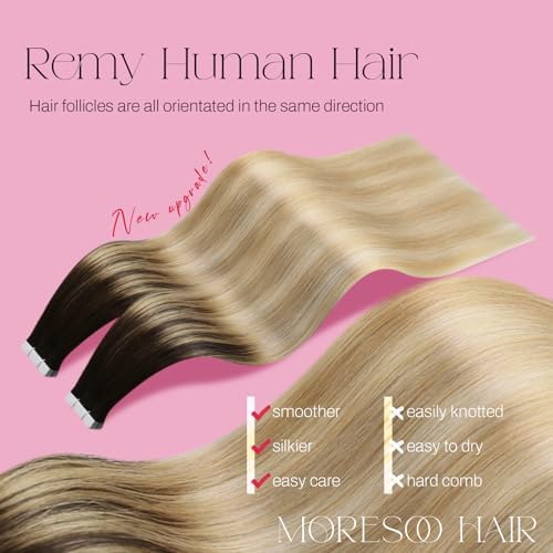 Image of Moresoo Human Hair Extensions Tape in Brown Blonde 24 Inch 20Pcs 50g | Tape hair extensions real human hair, extra-long strands, rooted blonde balayage, flat tabs, braids and photo shoots