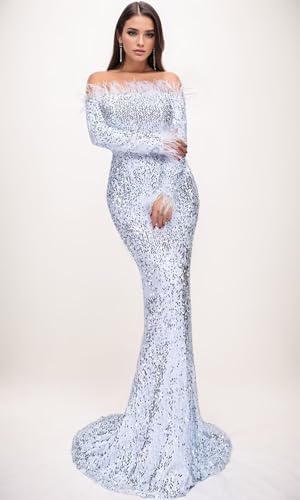 Jamille Sparkly Sequin Prom Dresses for Women Long Sleeve Mermaid Evening Gown for Women Formal Feather Off Shoulder JA01873