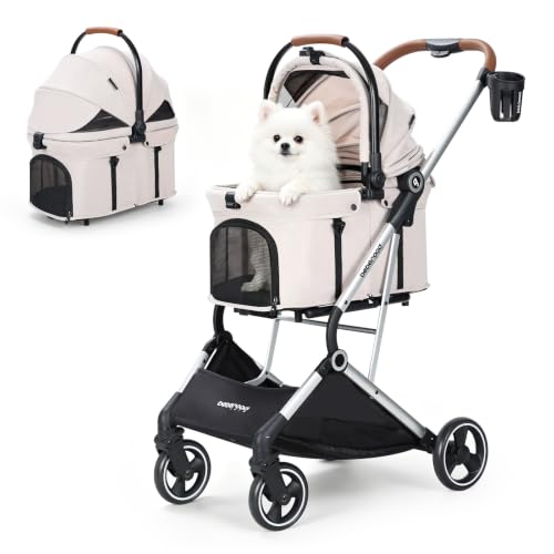 Image of T3 Pro Small Dog Stroller (Beige) | Detachable Carrier, Aluminum Alloy Frame, Easy Assembly, Easy to Store, Larger Rear Wheel, Large Storage Basket