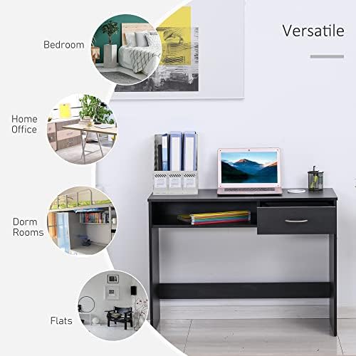 HOMCOM Modern Computer Work Desk Table Study w/Shelf Drawer Standing Writing Station Display Stylish Storage Compact Black