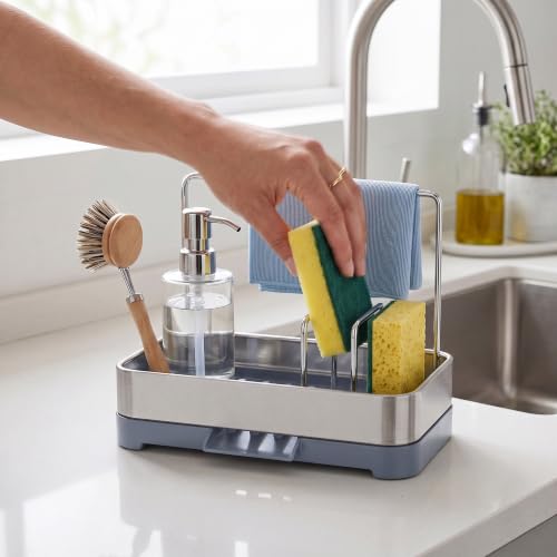 Image of Birch & Co. Kitchen Sink Caddy Organizer, Stainless Steel Countertop Storage Rack with Sponge Holders, Dishcloth Towel Bar & Brush Holder, Self-Draining Sink Organizer