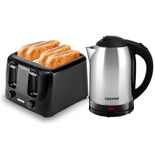 Geepas Kitchen Set 1.8L Stainless Steel Kettle and 4 Slice Toaster with 6 Browning Levels 1500W/1400W