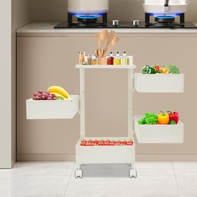 Fruit Vegetable Basket for Kitchen 4 Tier Rotating Kitchen Storage Rack Cart with Wheels Wire Basket Organizer for Potato Onion Pantry Organizers and Storage White 13.78x10.31x28.66 in-aK7fWm4q