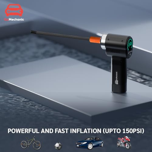 Image of GoMechanic Wireless Tyre Inflator for Car & Bike |150 PSI|2x2000 mAh Rechargeable Battery |Digital Display | LED Light, Type-C Port | With Puncture RepairKit & Multiple Nozzles | Tyre Pressure Monitor