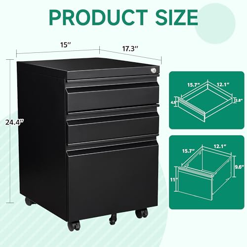 Letaya Mobile File Cabinet with Lock,Under Desk Rolling 3 Drawer Filing Cabinets for Home Office Letter/Legal/A4/F4 (Black- Requires installation)